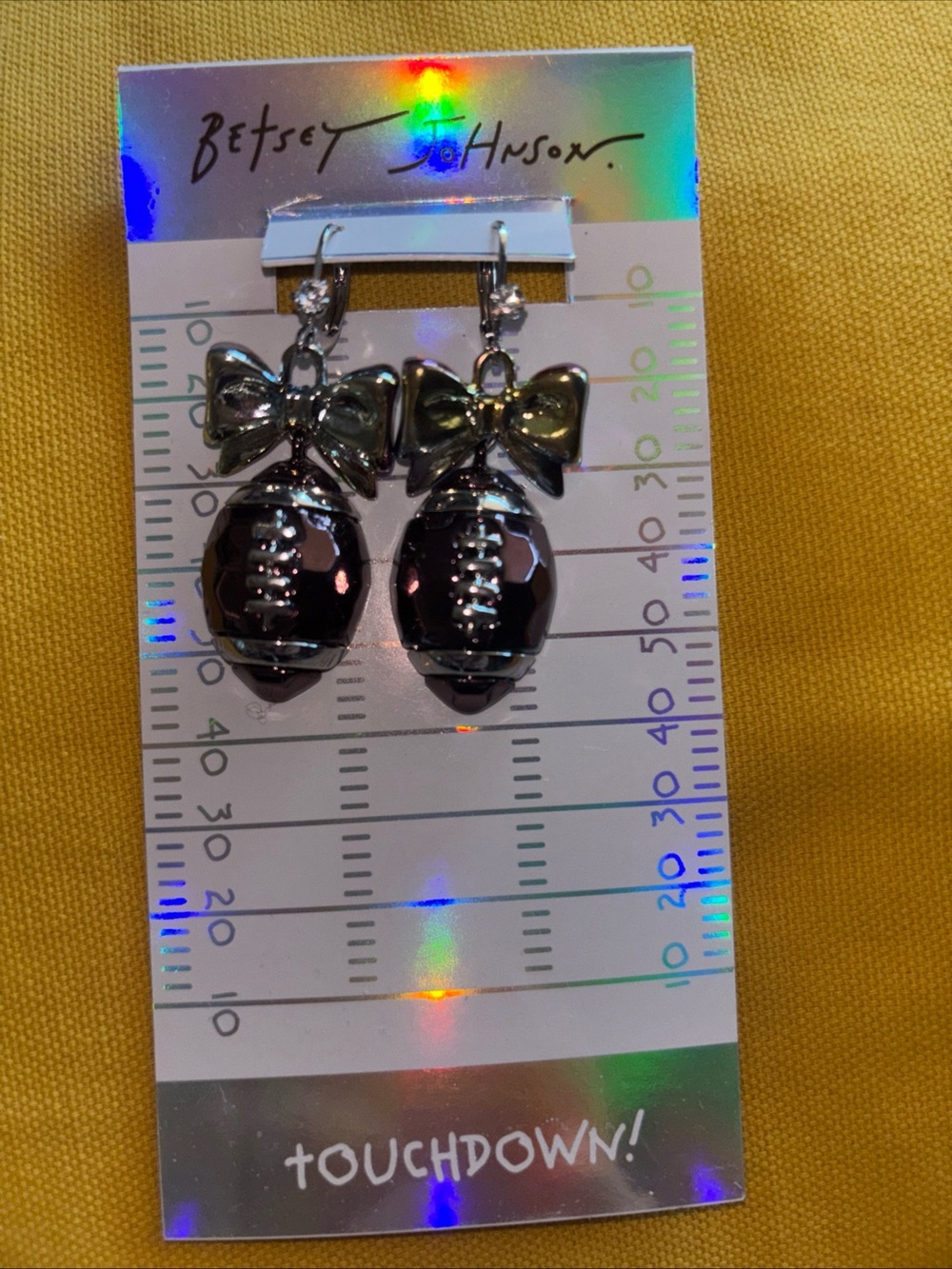 Betsey Johnson Silver Football & Bow Dangle Earrings - Black Accents